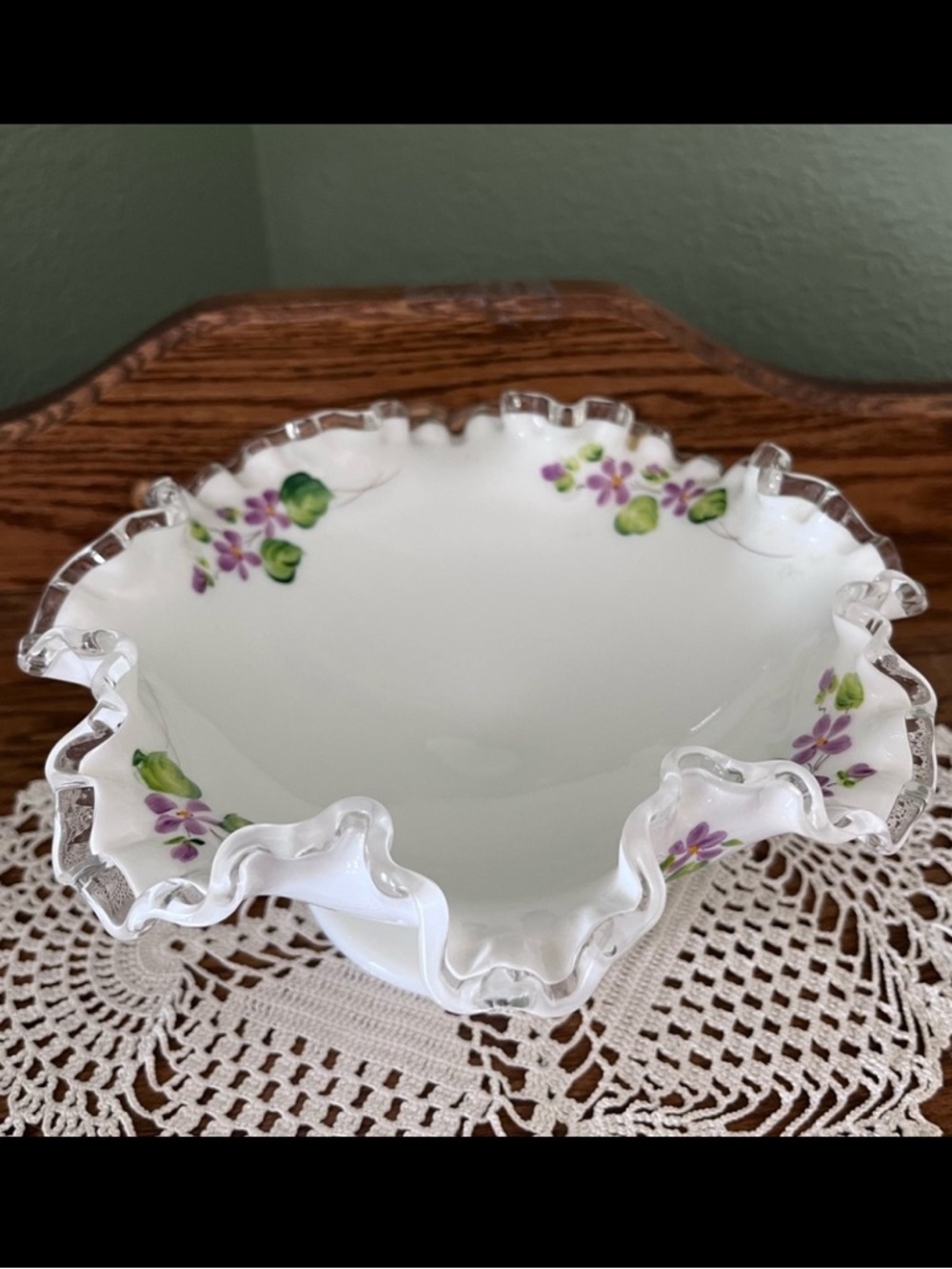Vintage Fenton Silver Crest Ruffled Footed Bowl Violets in the Snow Hand Painted